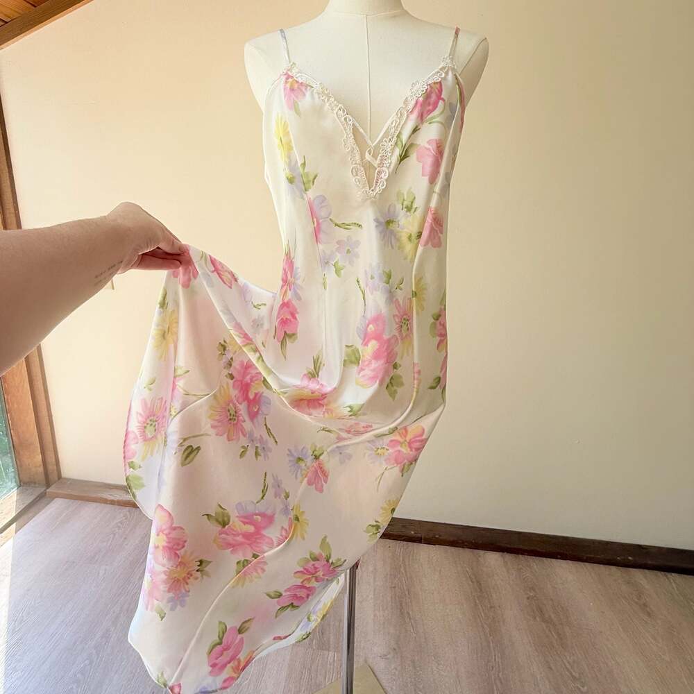 Vintage Cinema Etoile Floral Satin Maxi Slip Dress Nightgown with Lace Trim